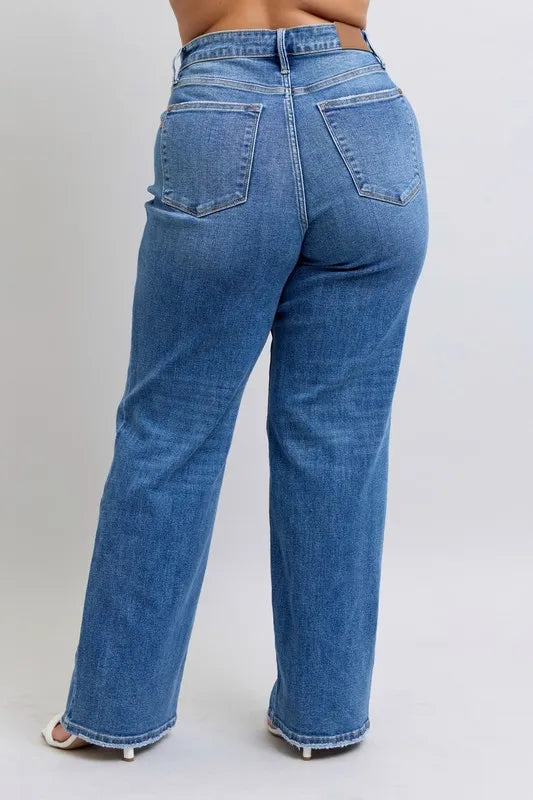 Judy Blue Full Size High Waist V-Front Vintage Wash Straight Jeans Plus Size - Tigbul's Variety Fashion Shop