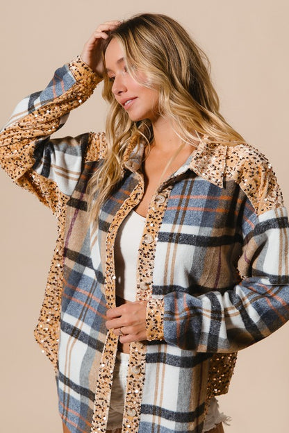 Curved Hem Sequin Plaid Button Up Shacket