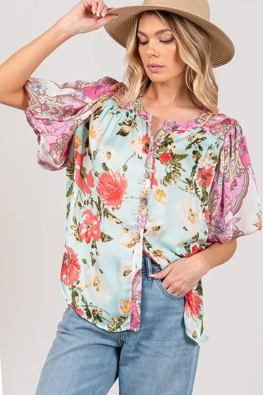Plus Size Floral Mineral Wash Blue French Terry Button Up Shirt - Tigbul's Variety Fashion Shop