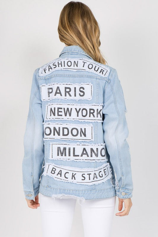 American Bazi Letter Patched Distressed Denim Jacket - Tigbuls Variety Fashion
