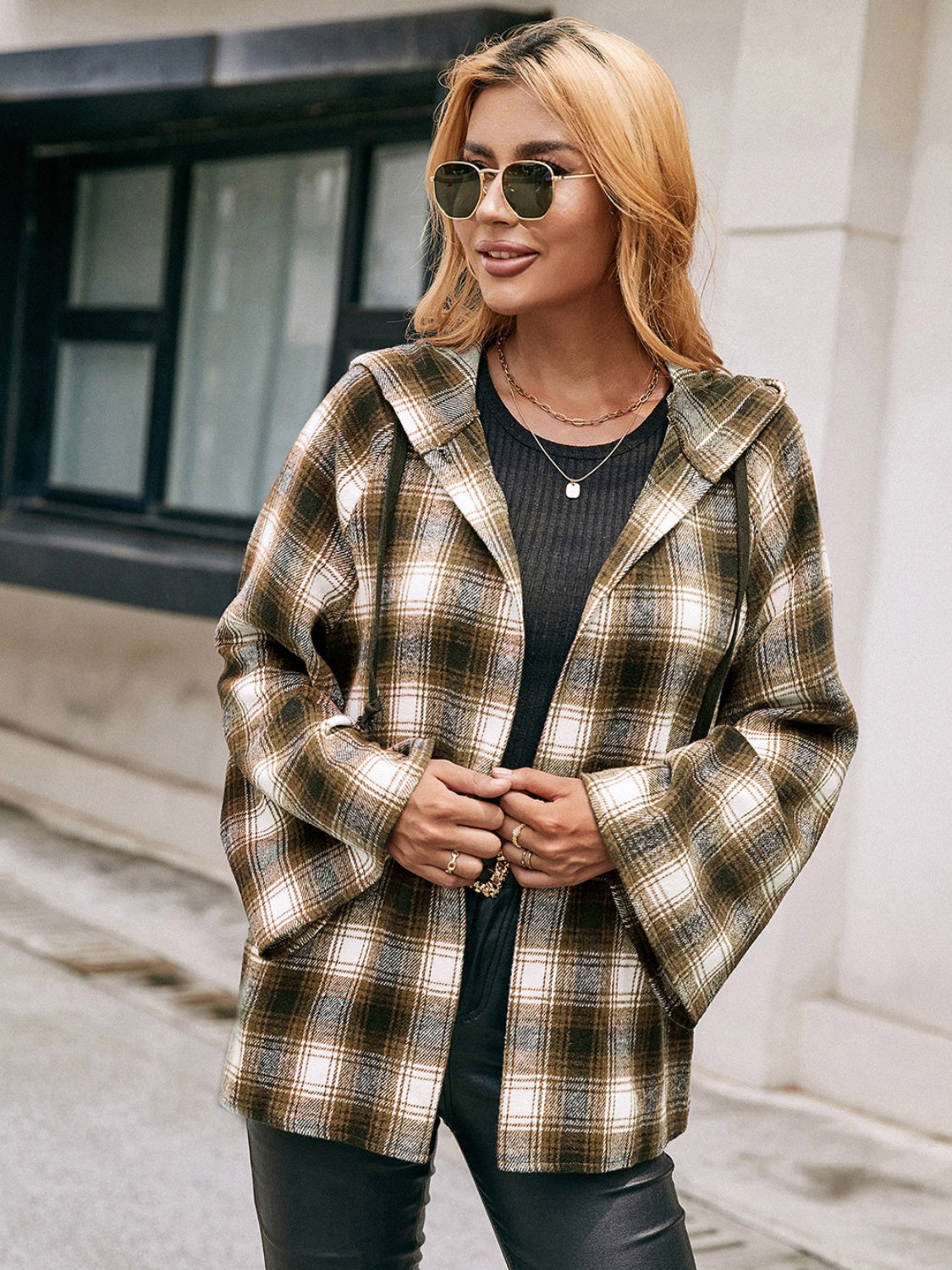 Pocketed Plaid Long Sleeve Hooded Jacket - Tigbul's Variety Fashion Shop