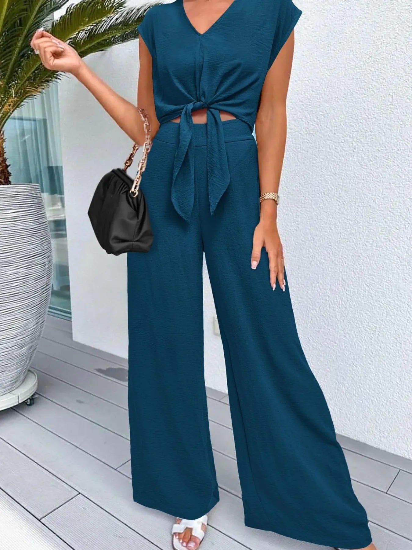 Tie Front Top and Wide Leg Pants Set - Tigbul's Variety Fashion Shop