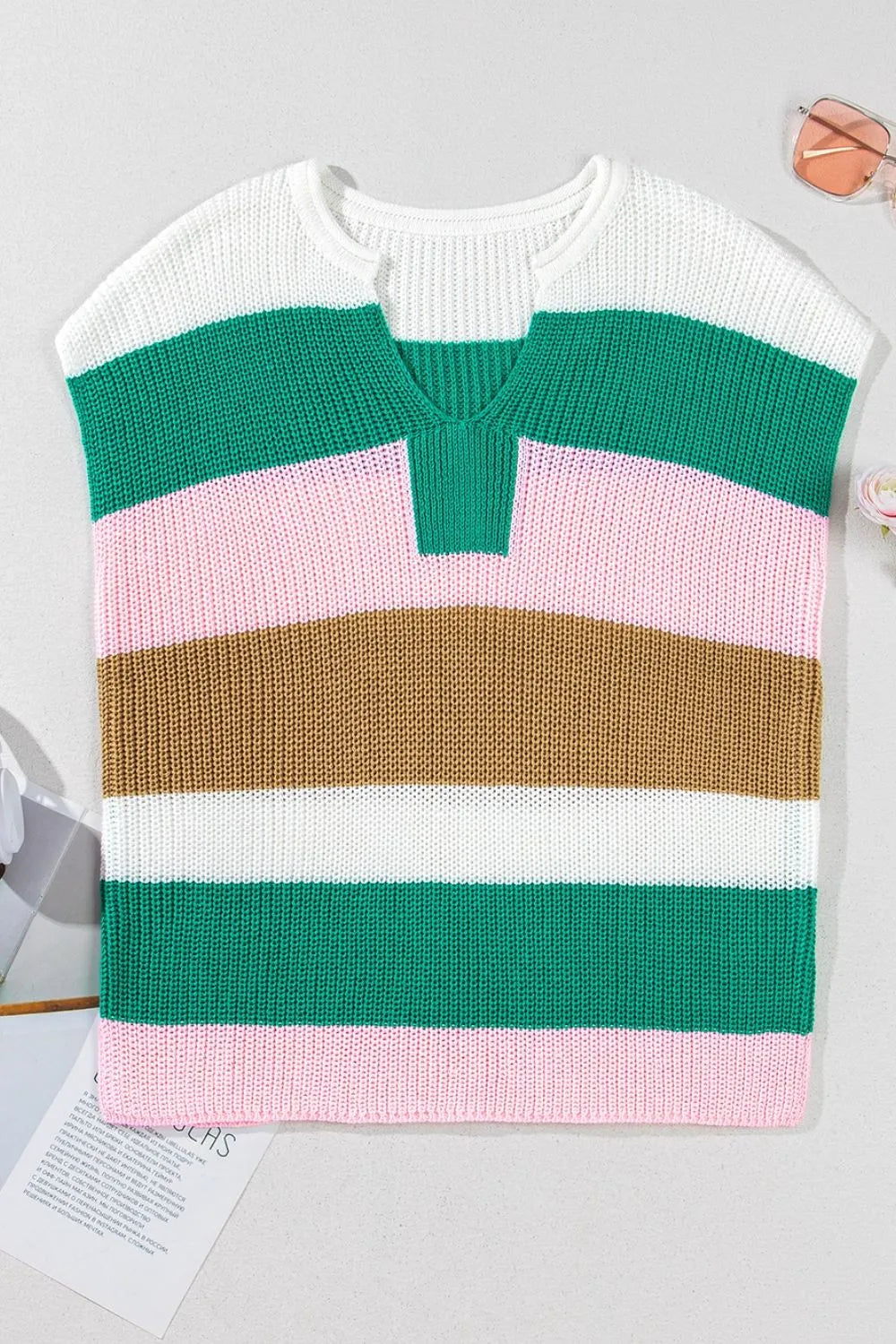 Color Block Notched Cap Sleeve Knit Top - Tigbul's Variety Fashion Shop
