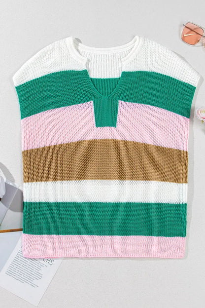 Color Block Notched Cap Sleeve Knit Top - Tigbul's Variety Fashion Shop