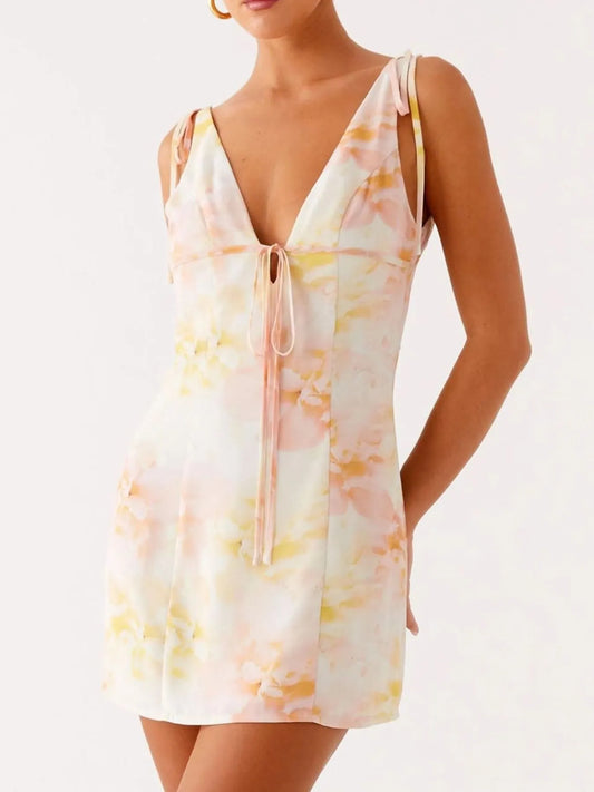 Printed Deep V-Neck Tie Shoulder Mini Dress - Tigbul's Variety Fashion Shop