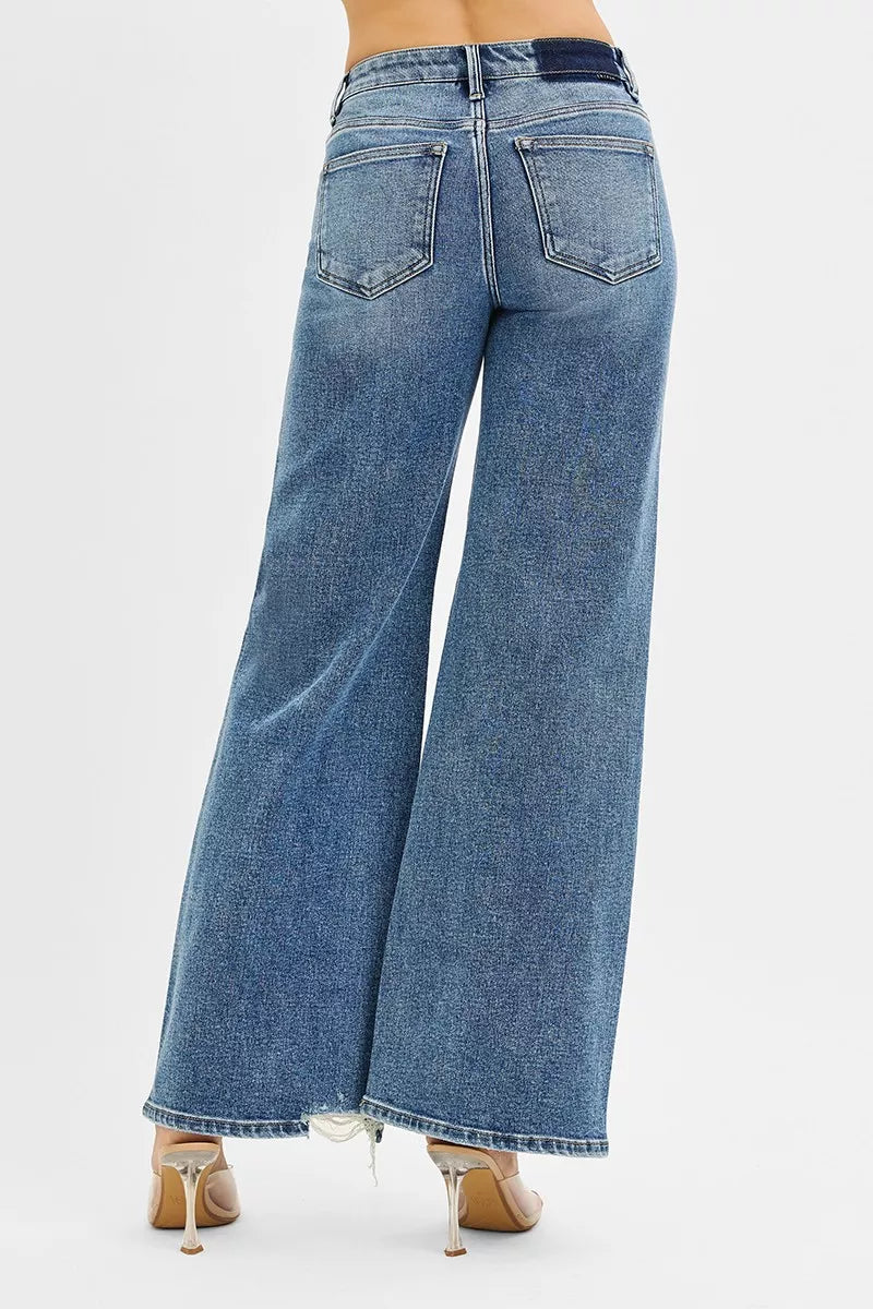 RISEN Tummy Control Mid Rise Fit Wide Jeans - Tigbul's Variety Fashion Shop