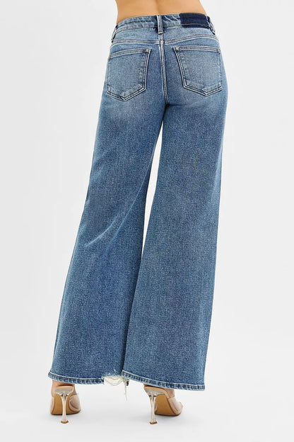 RISEN Tummy Control Mid Rise Fit Wide Jeans - Tigbul's Variety Fashion Shop