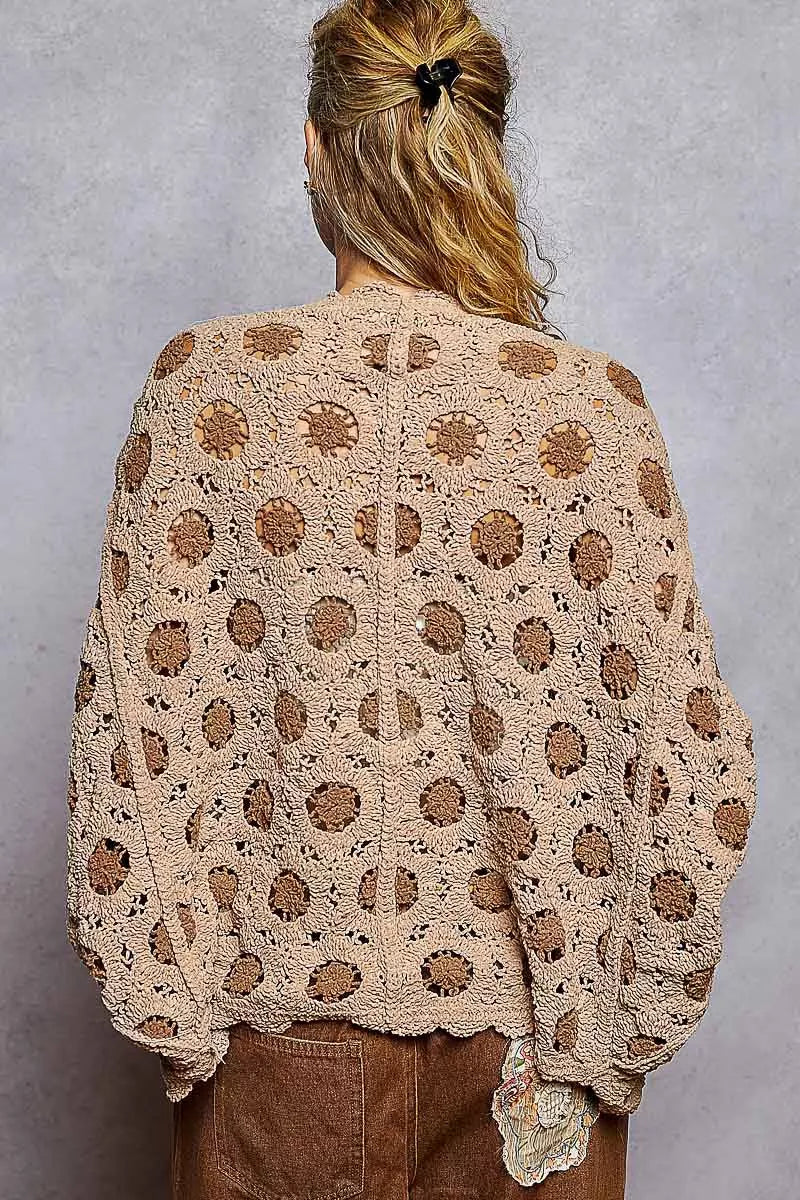 POL Openwork V-Neck Chenille Cardigan with Contrast Floral - Tigbul's Variety Fashion Shop