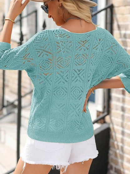 Openwork 3/4 Sleeve Knit Cover Up - Tigbul's Variety Fashion Shop