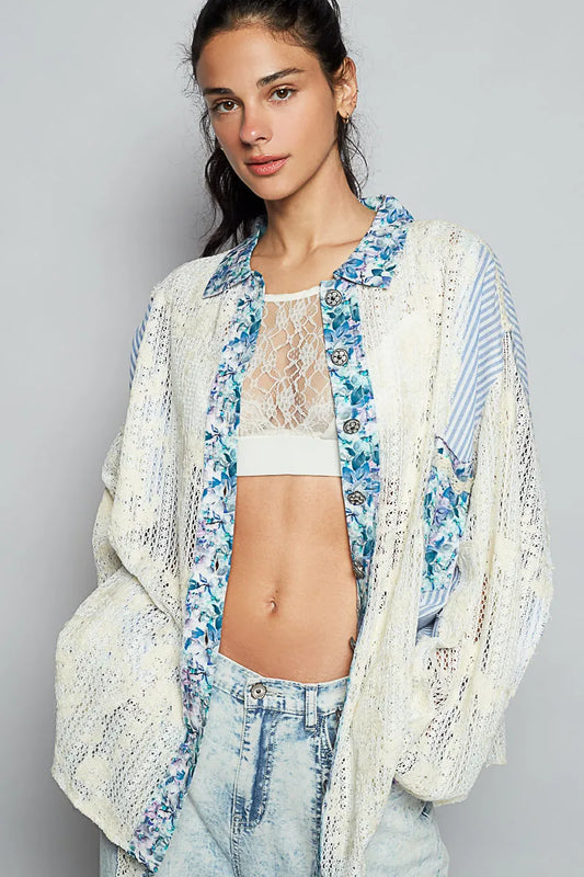 POL Lace Long Sleeve Shirt with Floral and Striped Pattern - Tigbul's Variety Fashion Shop