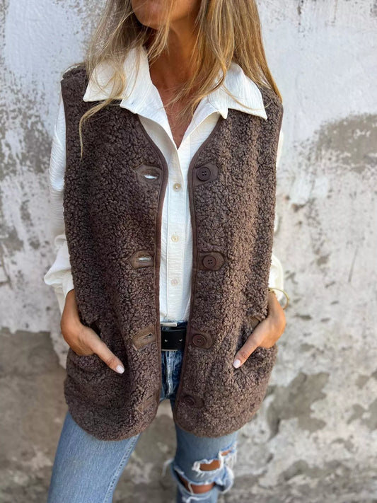 Full Size Cozy Sherpa Fleece Button-Up Vest Coat with Pockets Plus Size - Tigbul's Variety Fashion Shop