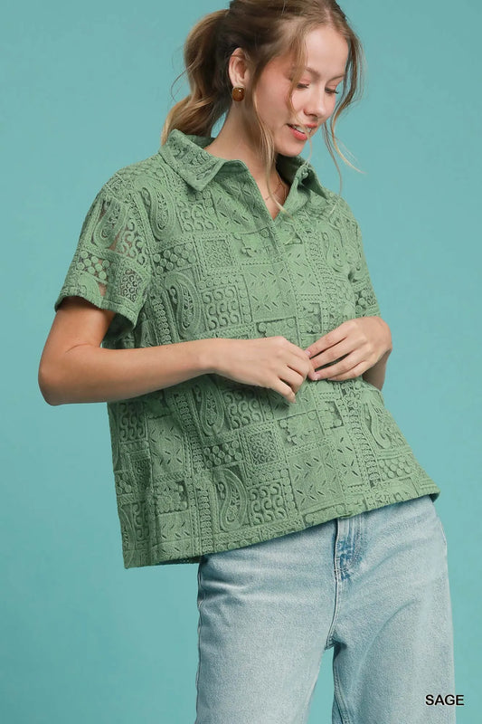 Umgee Patch Lace Short Sleeve Button Down Shirt - Tigbul's Variety Fashion Shop