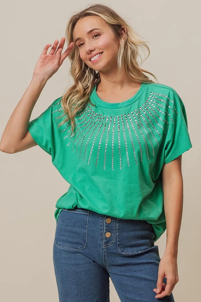 Rhinestone Beaded Short Sleeve Jade Green Top - Tigbul's Variety Fashion Shop