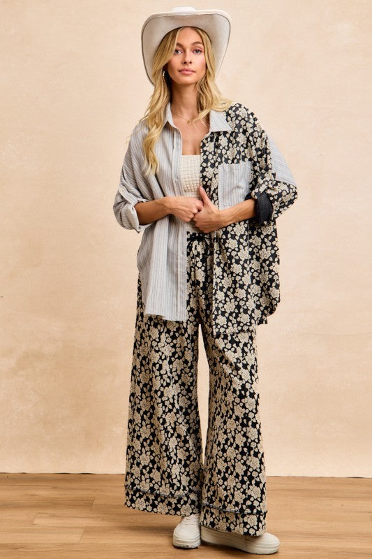 BiBi mix-and-match shirt top: grey stripe front with black floral panel