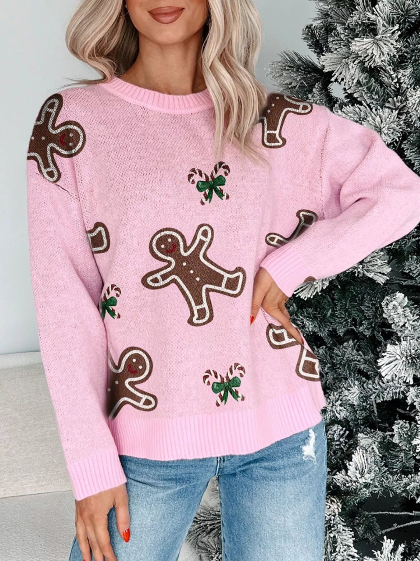 Christmas Ginger Bread Man Round Neck Casual Sweater - Tigbul's Variety Fashion Shop