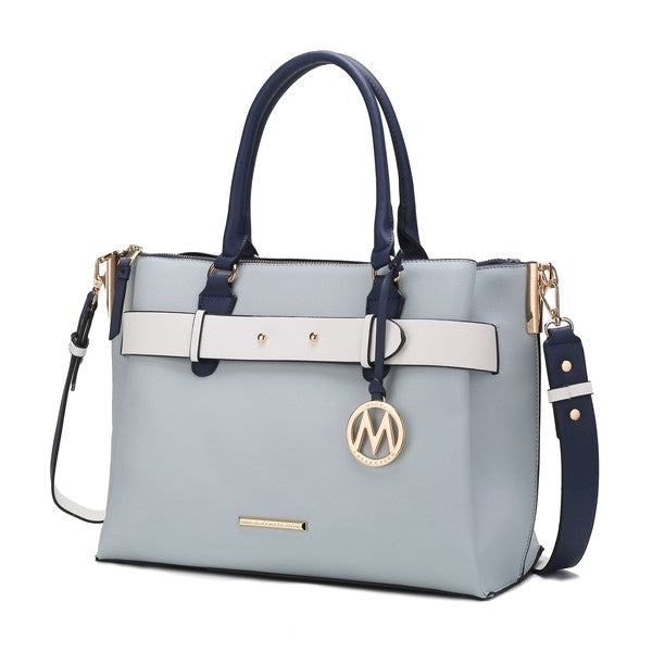Light blue Jamie satchel with white front strap, gold-tone M logo charm, detachable strap