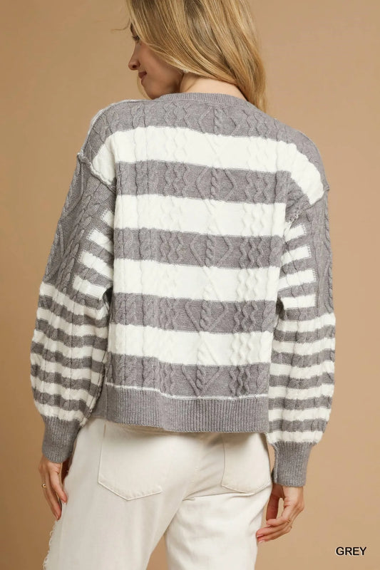 Umgee Cable-Knit Stripe Button-Up Cardigan - Tigbul's Variety Fashion Shop