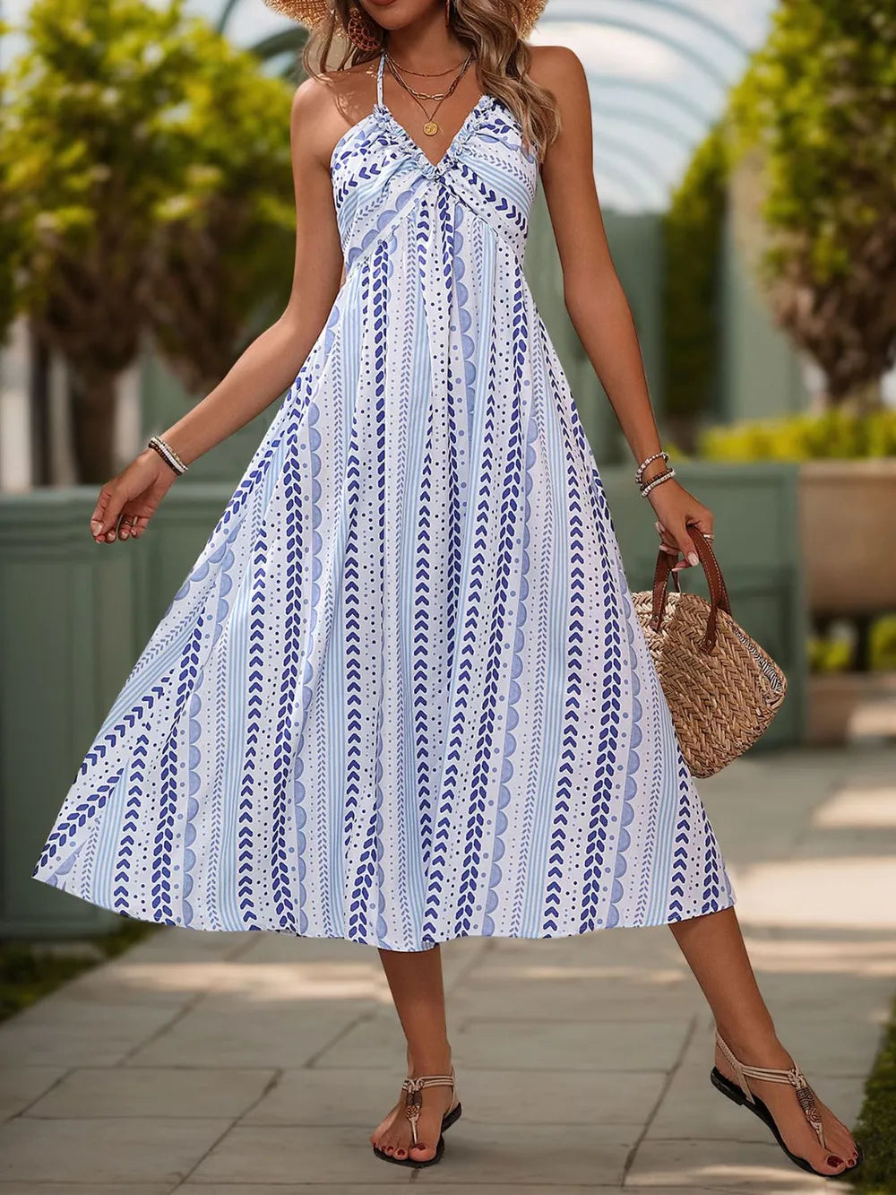 Tied Printed Halter Neck Blue Midi Dress - Tigbul's Variety Fashion Shop
