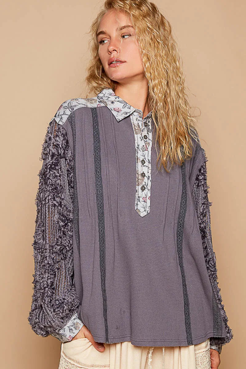 POL Floral Half Button Lace Detail Long Sleeve Top - Tigbul's Variety Fashion Shop