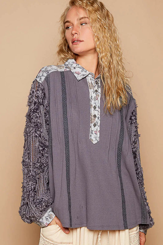 POL Floral Half Button Lace Detail Long Sleeve Top - Tigbul's Variety Fashion Shop
