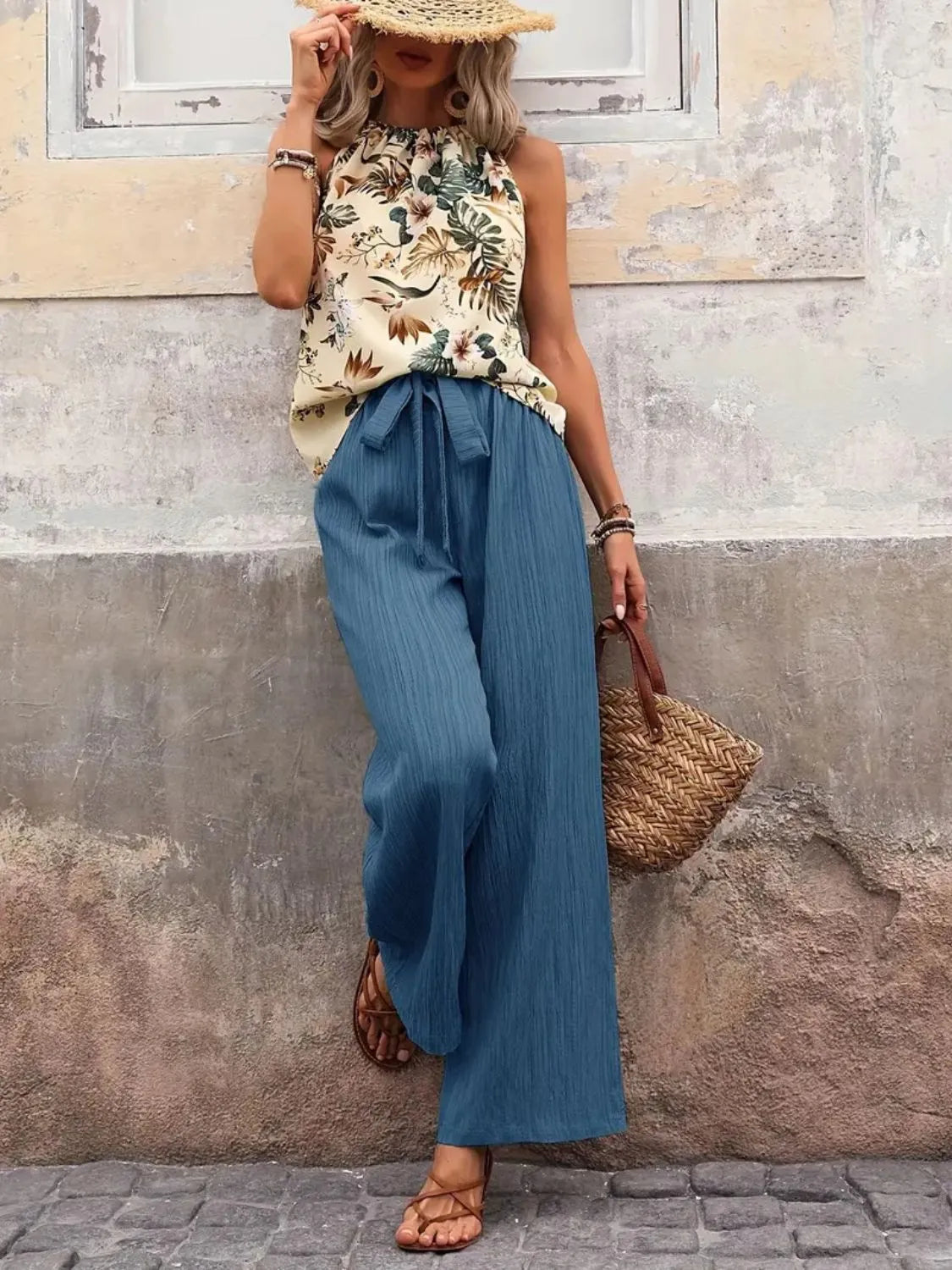 Printed Tank Top and Wide Leg Pants Set - Tigbul's Variety Fashion Shop