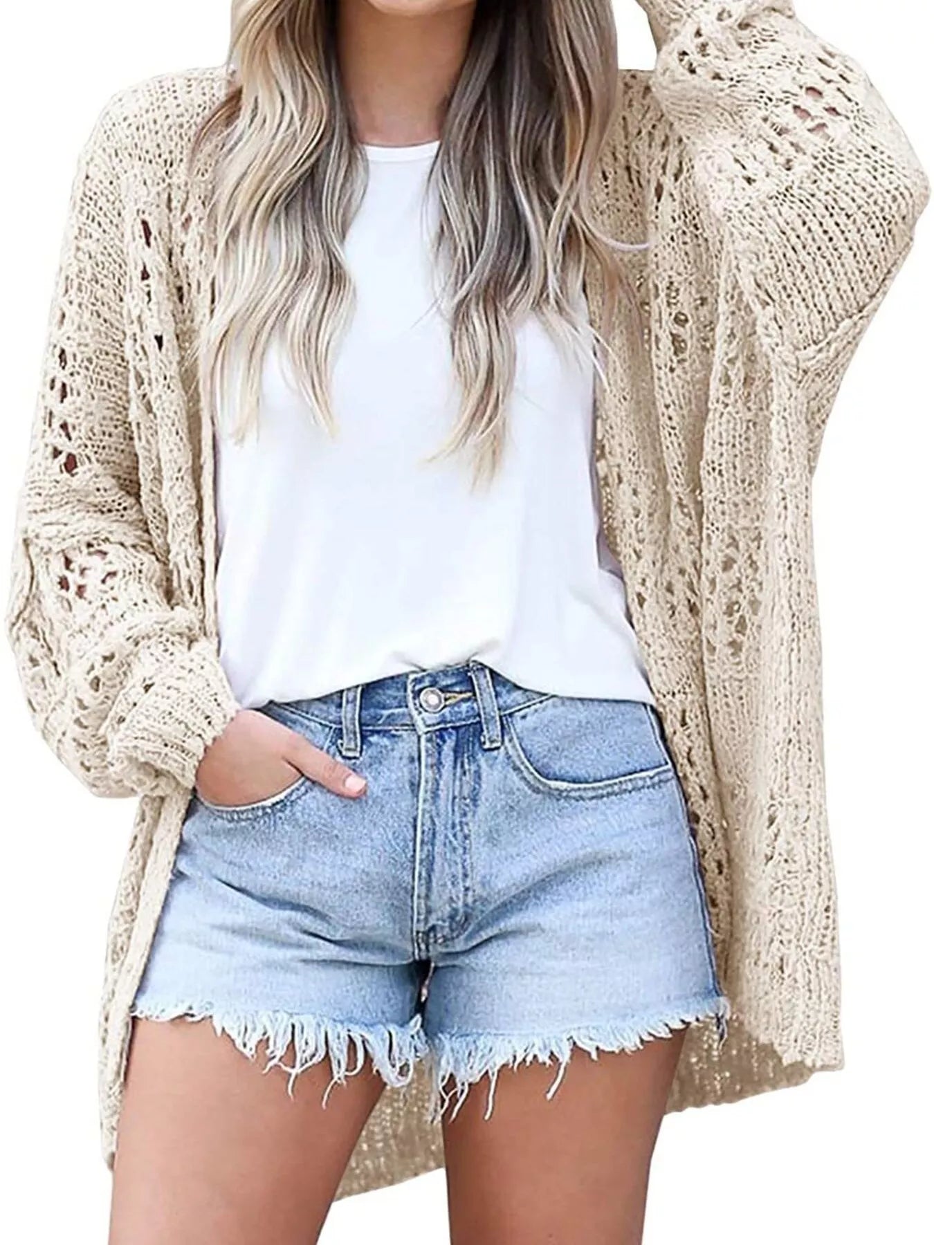 Full Size Openwork Open Front Lightweight Cardigan Plus Size - Tigbul's Variety Fashion Shop