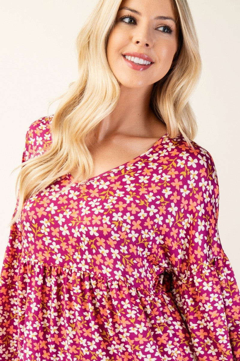 Celeste Full Size Floral V-Neck Balloon Sleeve Blouse - Tigbul's Variety Fashion Shop