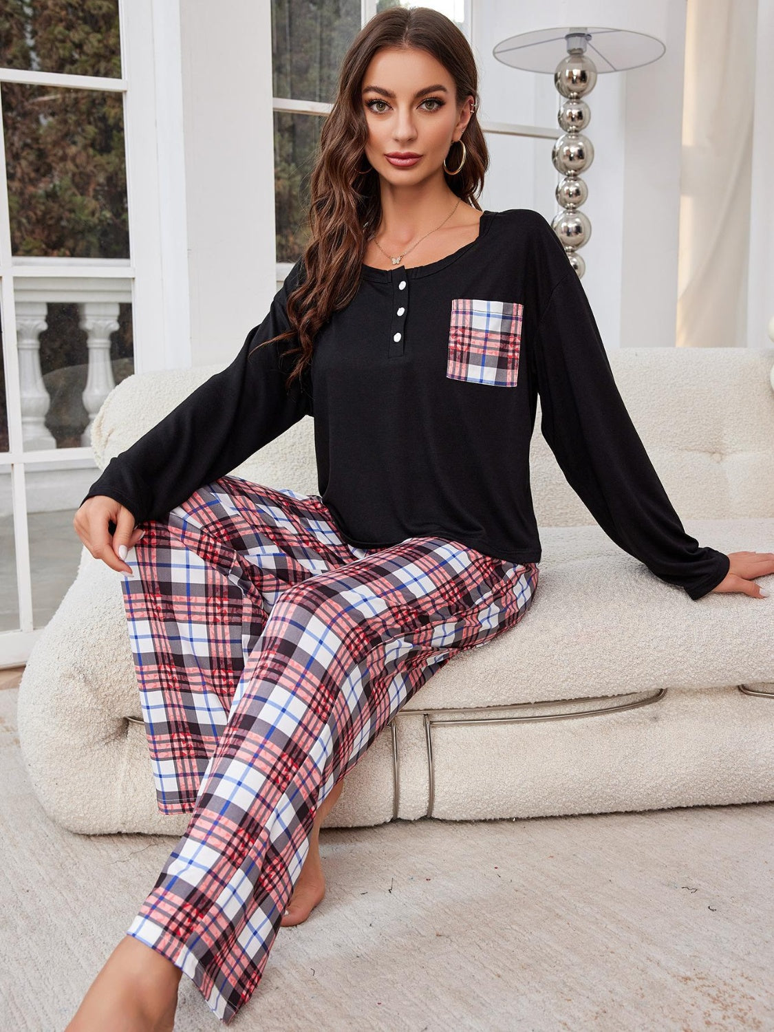 Round Neck Long Sleeve Top and Plaid Pants Lounge Set - Tigbul's Variety Fashion Shop