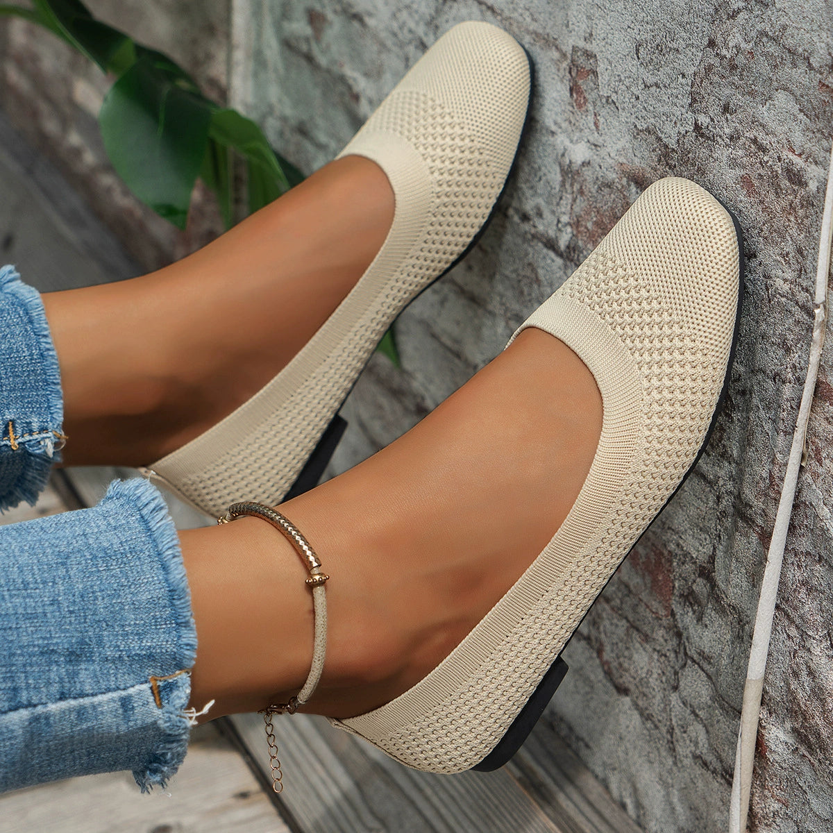 Square Toe Solid Color Mesh Slip-On Flats | Tigbuls Variety Fashion