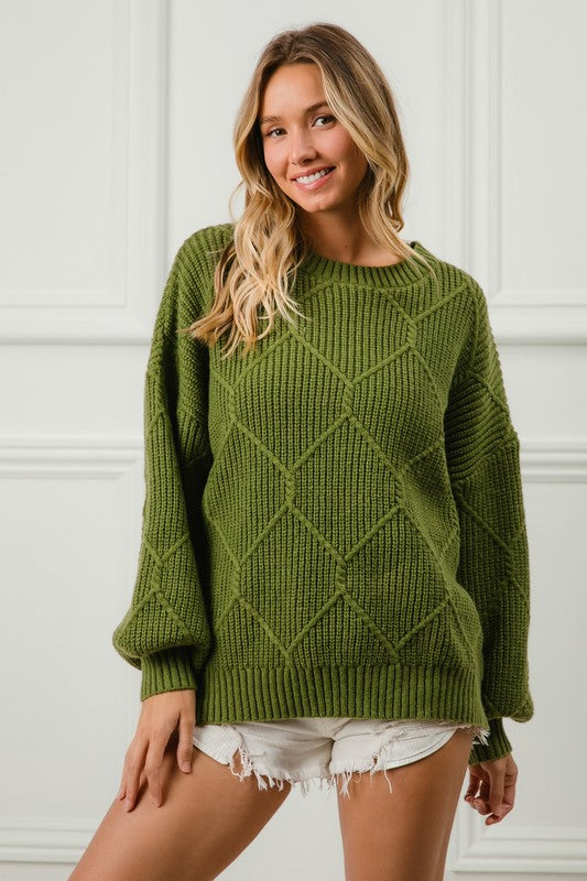 Green Diamond Texture Round Neck Long Sleeve Sweater