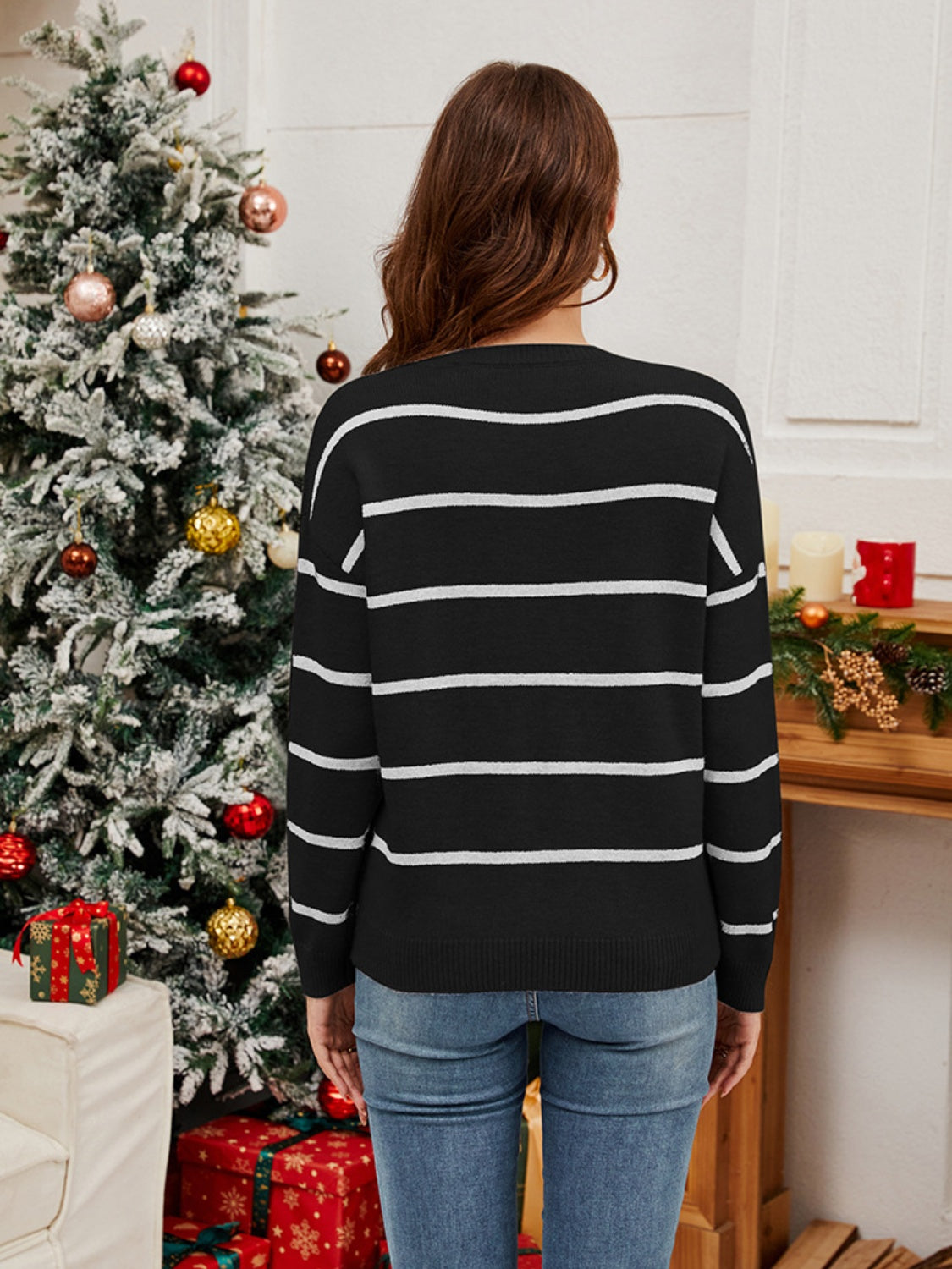 Sequin Santa Striped Round Neck Long Sleeve Sweater - Tigbul's Variety Fashion Shop