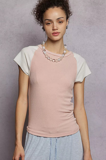 POL Round Neck Outseam Detail T-Shirt with Contrast Color Sleeves - Tigbul's Variety Fashion Shop