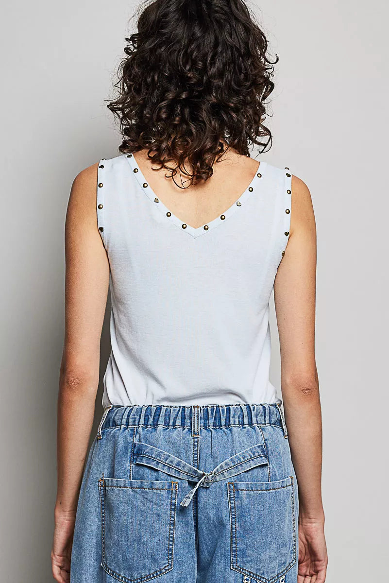 Back view of baby blue tank with studded V-neck trim and fitted silhouette