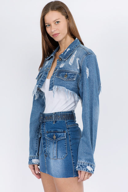 American Bazi Distressed Denim Jacket with Frayed Hem - Tigbul's Variety Fashion Shop