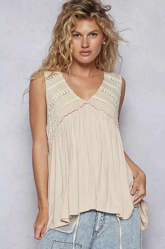 POL Lace Trim Babydoll Sleeveless Top with Ruffled and Raw Edge Detail - Tigbul's Variety Fashion Shop
