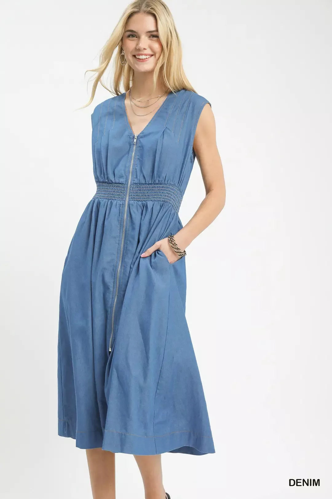 Umgee Denim Sleeveless Zip-Front Smocked Waist Midi Dress - Tigbul's Variety Fashion Shop