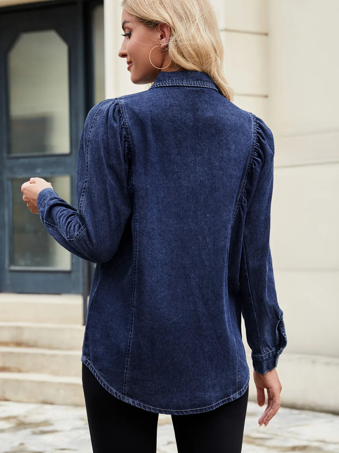 Button Down Collared Neck Denim Shirt - Tigbul's Variety Fashion Shop