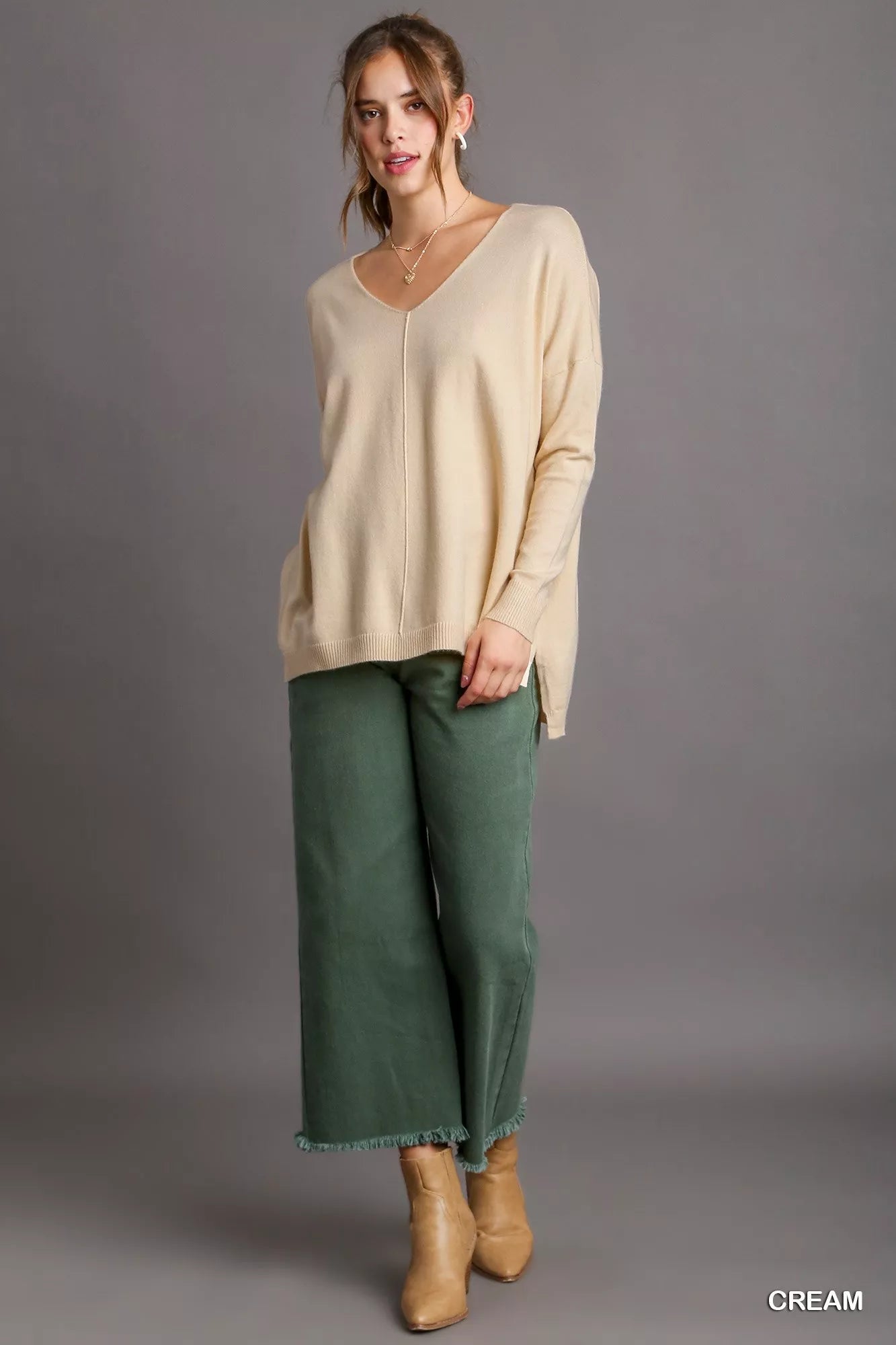 Umgee V-Neck High Low Hem Knit Top with Side Slit - Tigbul's Variety Fashion Shop