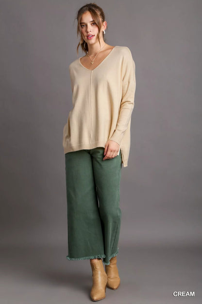 Umgee V-Neck High Low Hem Knit Top with Side Slit - Tigbul's Variety Fashion Shop