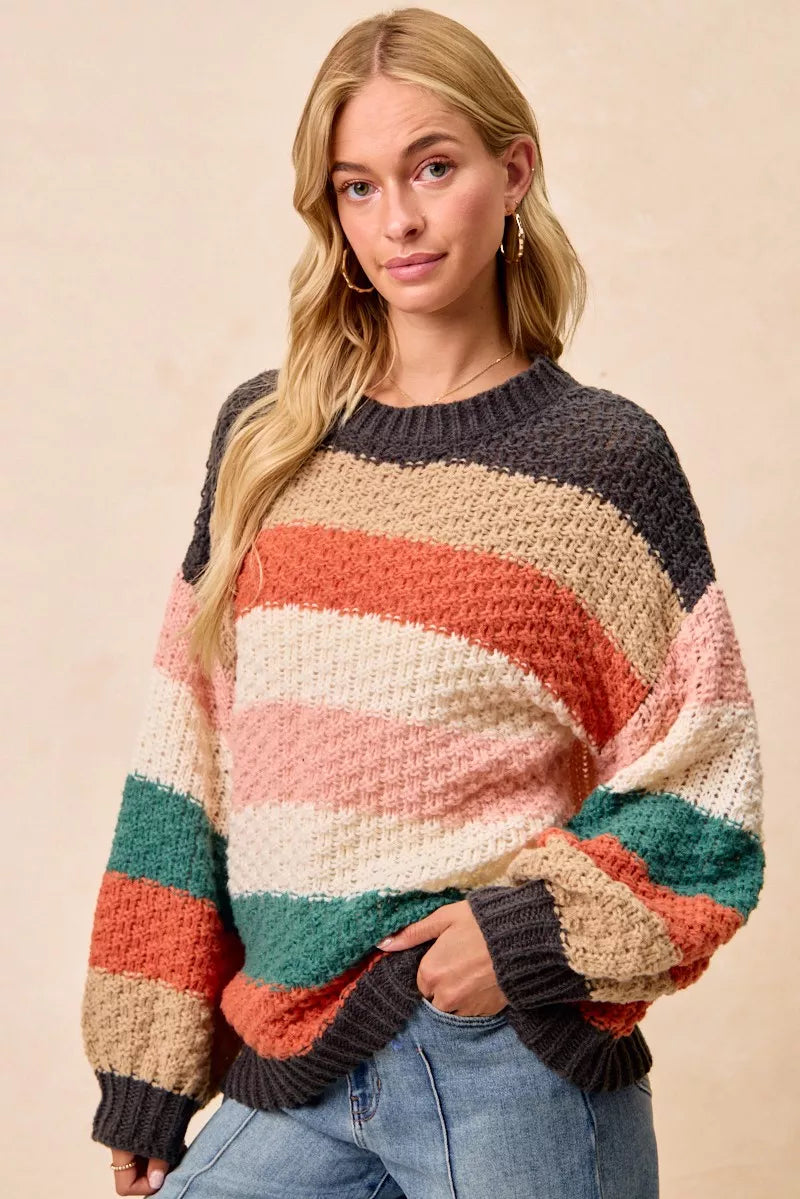 BiBi Stripes Color Block Chunky Sweater - Tigbul's Variety Fashion Shop