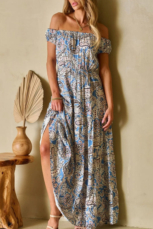 Boho Paisley Print Off Shoulder Maxi Dress - Tigbul's Variety Fashion Shop