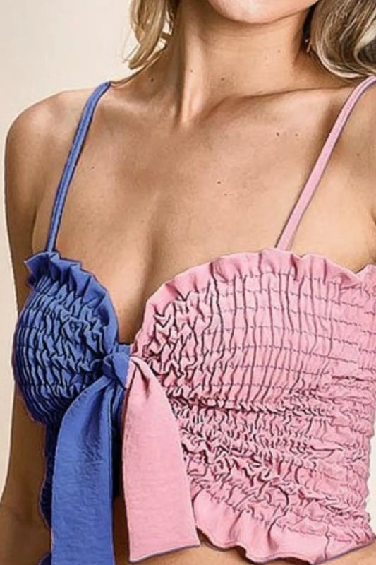Woven Color Block Smocked with Ribbon Bra Top - Tigbul's Variety Fashion Shop