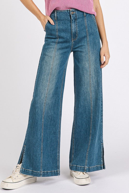 Blue Medium Wash Seam Detail Wide Leg Denim Jeans - Tigbul's Variety Fashion Shop
