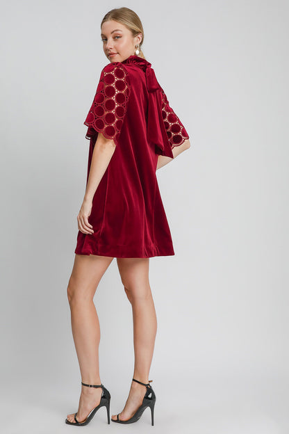 Umgee Dotted Lace Half Sleeve Mock Neck Back Tie Velvet Dress - Tigbul's Variety Fashion Shop