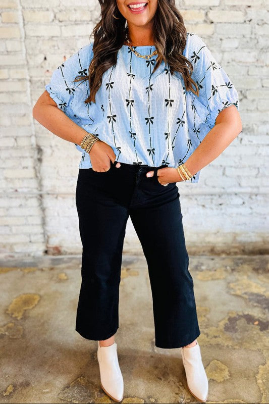 Beau Blue textured short puff-sleeve top with bow and ribbon stripe pattern