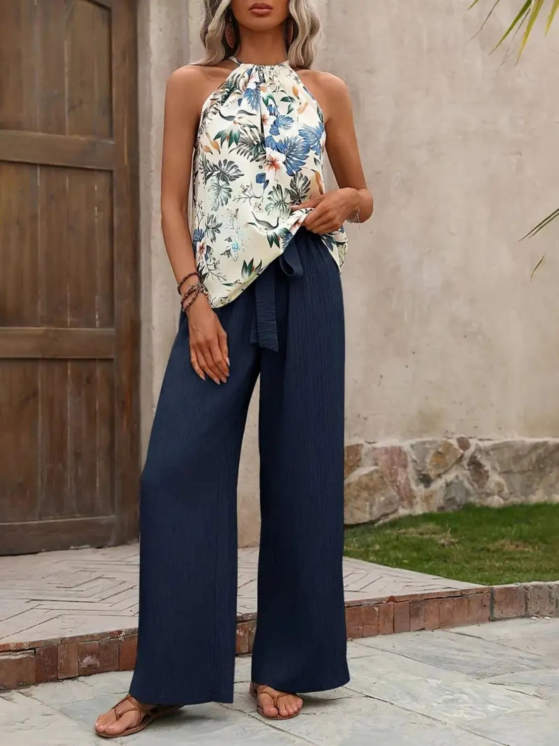 Printed Tank Top and Wide Leg Pants Set - Tigbul's Variety Fashion Shop