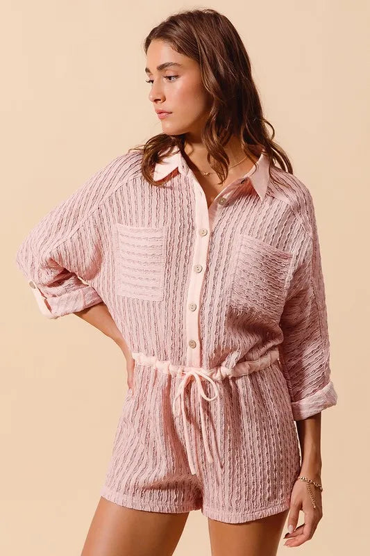Pink Textured Knit Button Front Romper - Tigbul's Variety Fashion Shop