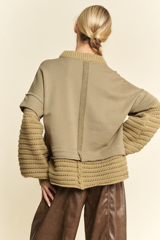 Olive Faux Layered Round Neck Sweater - Tigbul's Variety Fashion Shop