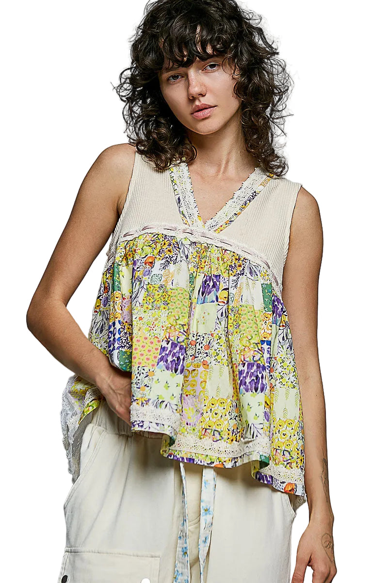 Floral sheer tank with V-neck lace trim, gathered hem, vanilla cream | Tigbuls Variety