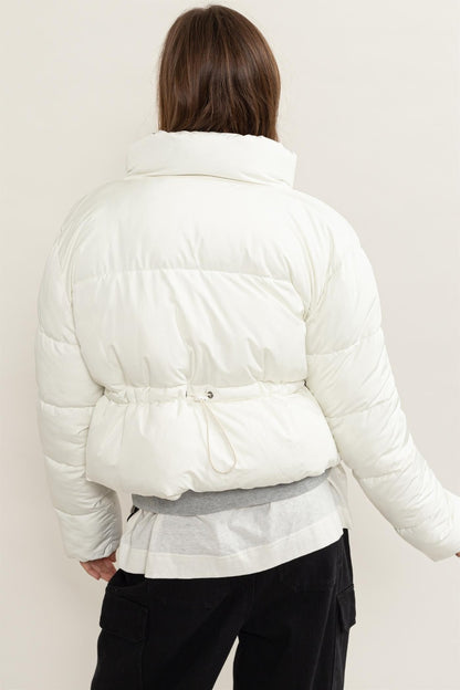 Quilted Back Drawstring Puffer Jacket Cream Color - Tigbul's Variety Fashion Shop